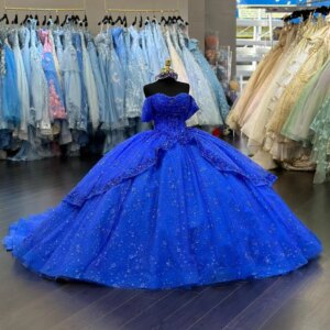 King Blue Sparkly Princess Quinceanera Dresses off Shoulder Gillter Applique customsized Boning vestido de debutantes sweet 15