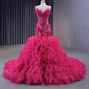 Fushia Evening dress and white beadwork, tull dress with steering wheel, 3 color of your choice