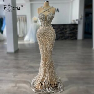 Elegant Champagne Across Heckline Mermaid Party Dress Major Beads Crystal Evening Prom Event Dresses Arabic Formal Customized