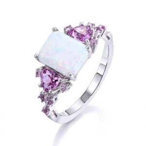 Provence 14K Solid Gold Cluster Ring With Elongated Cushion Opal With Lab Purple Sapphire For Women Engagement Ring Gift