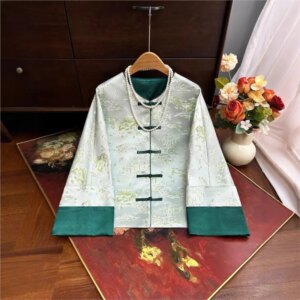 New Chinese style coat female brocade color contrast temperament loose and thin shirt