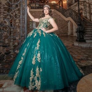 Customized Shiny blackish green Off Shoulder Quinceanera Dress Lace sequin applique crystal trailing vestidos de 15 Quinceanera