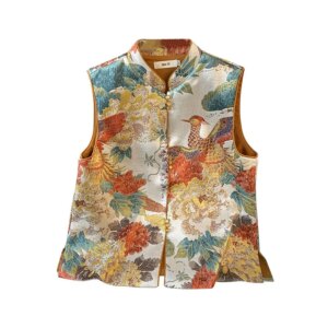 New Chinese style small round collar button jacquard brocade heavy industry embroidery vest cardigan coat