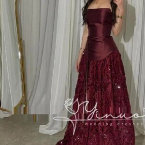 customized   Luxury and High Quality Sequined Evening Dresses Lace Sweep Train Sleeveless Satin Strapless Floor Length Party Gow