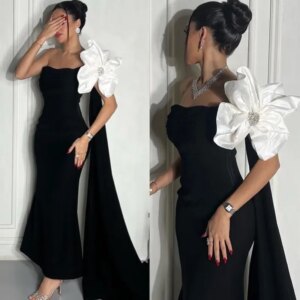 Mermaid Sexy strapless black One-shoulder ball Dress with 3D floral ankle-length Evening dress Sleeveless formal Ocn dress
