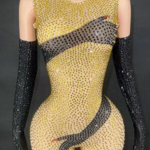 Black Hands Touch Shinny Body Sexy Women Jumpsuit Carnival Cosplay Female Bodysuit with Gloves Beyonce Dress Stage Wear