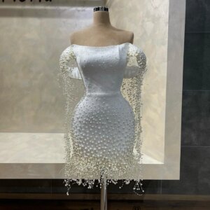 Chic Special Design White Pearls Short Cocktail Dress with Long Tassels Dubai Mini Prom Homecoming Dresses vestidos de coquetel
