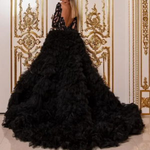 Black Prom Dresses 2024 O-Neck Sequined Front Split Long Sleeves Evening Dress Court Train Tulle vestidos de fiesta Customized 