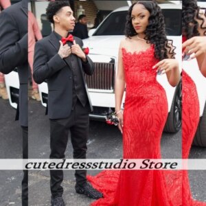 Red Sequin Prom Dress For Black Girls Long Strapless Wedding Party Dress Exquisite Applique Beaded Vestidos De Gala Customized