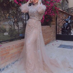 MYMB Muslim Luxurious Beaded Feather A-Line Evening Dresses 2025 Elegant Crew Neck Long Sleeves Tulle Women Wedding Party Gowns