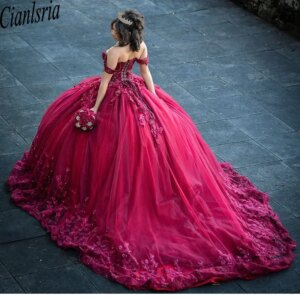 Girls Princess Wine Red Quinceanera Dress Pretty Floral Applique Beading Off Shoulder Mexico Corset Sweet 16 Vestido De 15