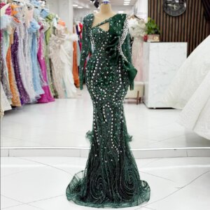 Elegant Green Lace Evening Dress Silver Beads Crystal Mermaid Formal Occasion Gowns Long Sleeves Prom Dresses Customized Wedding