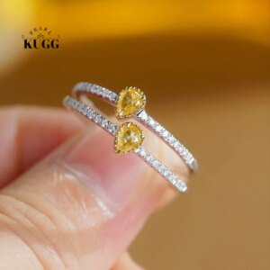 KUGG 100% 18K White Gold Rings Real Natural Yellow Diamond Engagement Ring for Women Classic INS Style High Wedding Jewelry