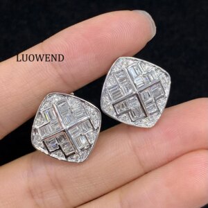 LUOWEND 18K White Gold Earrings Luxury Real Natural Diamond Stud Earrings for Women Fashion Geometric Shape High Party Jewelry