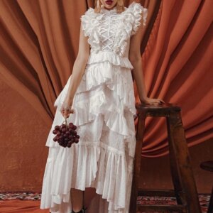 Younger Holiday Wear French Ethnic Court Style Dress Standing Collar Lace Skirt Flying Sleeves Ruffle Edge Dress Long Skirt