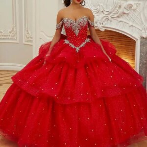 Customized Shiny Red Off Shoulder Quinceanera Dress crystal Tull Lace Layering Bow vestidos de 15 Quinceanera 