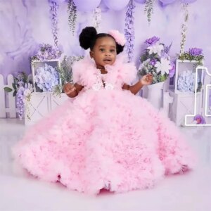 Light Pink Lace Girls Birthday Dresses Ball Gown Flower Girl Dresses for Wedding Party Baby Kids Prom Gown for Photoshoot