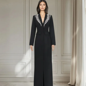 2024 New Women’s Maxi Crepe Satin Long Sleeves Prom Dress BLAZER BLACK DRESS WITH BEADED SHOULDERS Party Dresscustomized