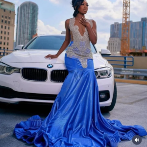 Luxury Blue African American Prom Dresses For Black Girls Mermaid Sheer Beaded Crystals Robe De Soiree Evening Gown Customized