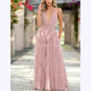 Sexy Deep V-Neck Prom Dresses For Women Sleeveless Backless Tiered Floor Length A-Line Dress Formal Occasion Cocktail Party Gown
