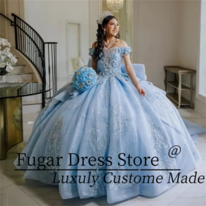 Customized Sky Blue Quinceanera Dress Off The Shoulder Appliques Ball Gown Beading Birthday Lace Up Back Vestidos De Novia