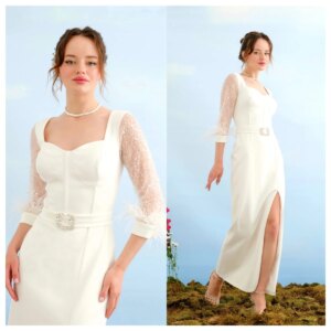 Customized  Delicate  White Satin Evening Dress Square Collar 3/4 Sleeves Celebrity Gowns Belt Bespoke Occasion Gowns L
