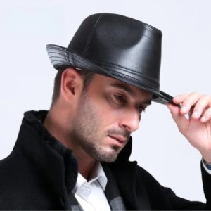 Men’s leather hat big cornice old man jazz top sheepskin casual middle-aged and elderly hats