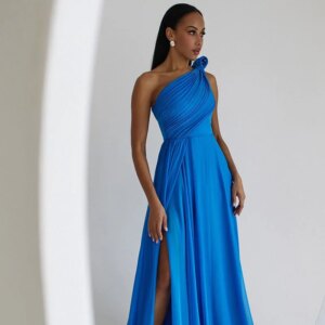 Little Daisy CustomizedSexy Fashion Simple Chiffon Dresses Pleat Side Middle-Split Sexy Evening Dress With Sweep Train One-Shoul