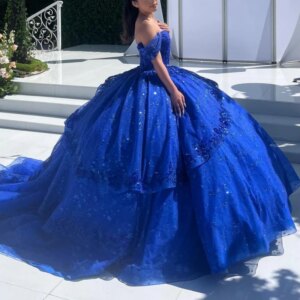 Royal Blue Princess Quinceanera Dresses Off Shoulder Applique Lace Beading Crystal Tull Sweet 16 Dress Ball Gown Vestidos 15 De