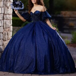 Navy Blue Shiny Princess Ball Gown Quinceanera Dresses Off The Shoulder Beading Crystal Tull Sweet 16 Dress vestidos de 15 Anos