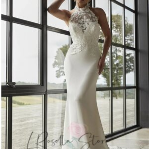 LRosella Custome High Neckline Mermaid Lace Applique Wedding Dress with Special Lace Train Button Beaded Bridal Gown