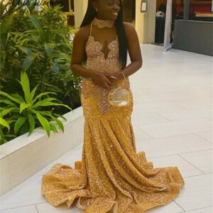 Shine Golden Diamond Prom Dress For Black Girls Luxury Mermaid Sequin African Evening Gowns Formal Birthday Party Customized