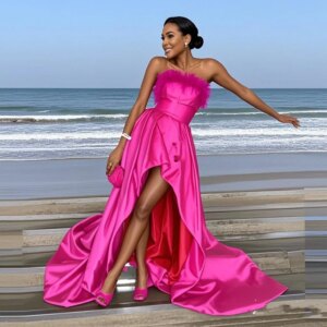 Fuchsia Strapless Prom Dresses With Feathers Neckline High Low Satin Hot Pink Aso Ebi Women Party Evening Dress Celebrity Gowns