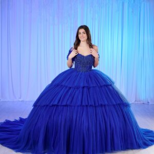 EVLAST Customized Luxury Royal Blue Quinceanera Dress Ball Gown Crystal Beaded Tiered Corset Sweet 16 Vestido De 15 Anos E3Q464