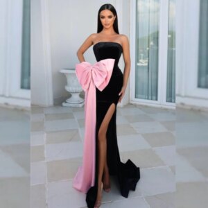 Customized Jersey Bow Ruched Clubbing A-line Strapless Bespoke Occasion Gown Long Dresses