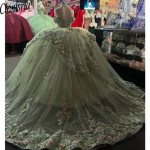 Mint Green Vestidos De 15 Años Ball Gown Quinceanera Dresses Off The Shoulder Tiered Beading Pink Princess Girl Party Dress