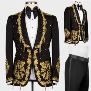 Customized Appliques Mens Wedding Tuxedos Shawl Lapel Beads Groom Wear Business Party Birthday Jacket Pants Suits 2 Pieces