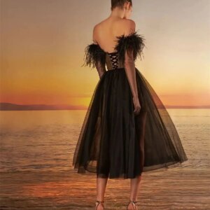 A-line Mid-Calf Wedding Dresses with Feathers for Banquet Party Prom Cocktail Evening Dresses