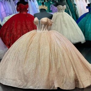 Customized Champagne Attractive V Neck Quinceanera Dress for 15 Anos Off the Shoulder Lacing up Robes De Soirée Formal Prom
