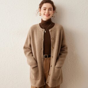 High Quality 2023 Autumn and Winter New Cardigan Women’s round Neck Thickened Loose Mid-Length Corn Striped Pocket Sweater Coat