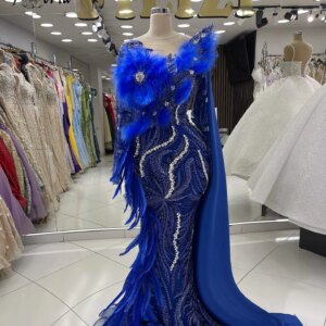 New Blue Wedding Party Dress With Long Shawl Mermaid Feather Beaded Crystals Elegant Evening Gowns Arabic Celebrity Prom Dresses