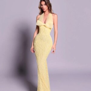 Light Yellow Beaded Sheath Long Evening Dress Sexy Halter Backless Wedding Party Gown 2026 Customized Luxury Bow Prom Dresses