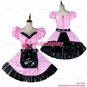 fondcosplay adult sexy cross dressing sissy maid baby pink thin pvc dress lockable Uniform black apron CD/TV[G2182]