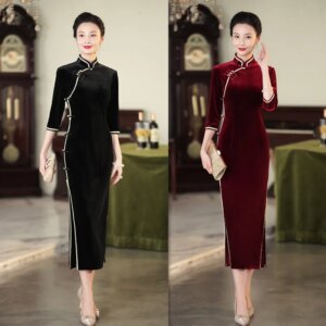 Retro Chinese Style Long Velvet 3/4 Sleeve Cheongsam Qi Pao Autumn New Wedding Dress