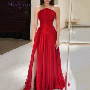 MisShow Red Chiffon Long Arabic Prom Dresses for Women 2025 Elegant Dubai Wedding Guest Party Evening Gowns with Slit