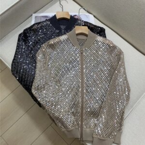 Spring Autumn Women’s Jacket Heavy Sequined Hollow Zipper Long Sleeve Loose Knitted Linen Thin Cardigan Coat