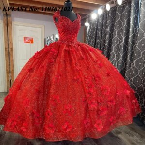 EVLAST Customized Red Quinceanera Dress Ball Gown 3D Floral Applique Beads Crystal Corset Sweet 16 Vestidos De 15 Anos SQ529