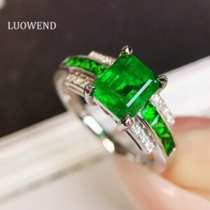 LUOWEND 100% 18K White Gold Rings Shiny Diamond Real Natural Muzo Green Emerald Ring for Women Luxury Design High Party Jewelry