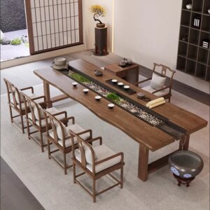 Feng Shui Style Solid Wood Flow Water Tea Table and Chairs Set Wooden Furniture