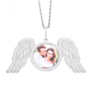 Hip Hop Moissanite Paved 925 Silver Bling Iced Out Custom Photo Frame Angel Wing Round Pendants Necklaces for Men Rapper Jewelry